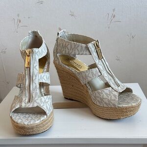 Michael Kors Beige Logo Espadrille Wedge Sandals with Gold Zipper